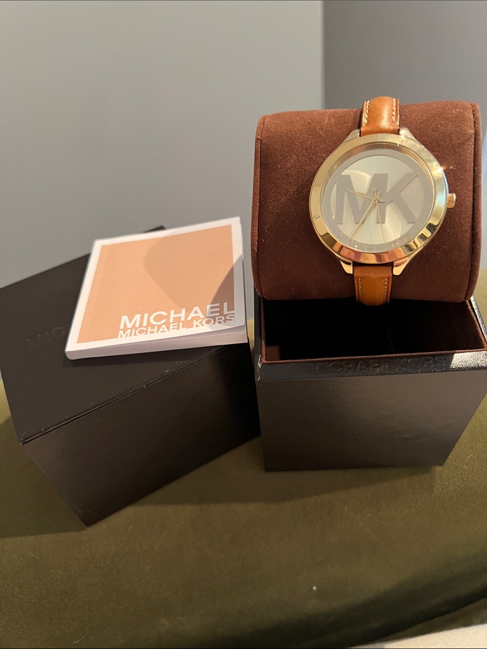 Michael Kors Gold-Tone Watch with Tan Leather Strap and MK Logo Dial - Picture 5 of 6